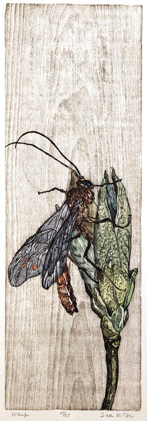 Woodcut print of a wasp clinging to a flower bud on a textured brown background.