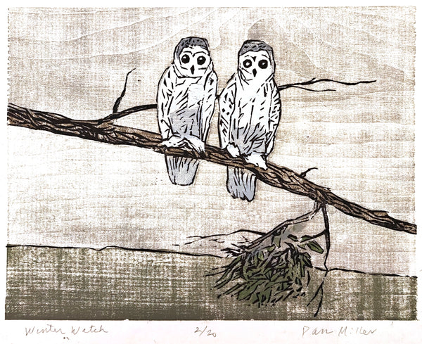 Woodcut of two owls perched on a branch with a nest below, on a textured beige background.