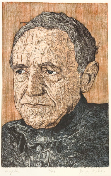 Woodcut print portrait of Wyeth with detailed line work on a textured brown background