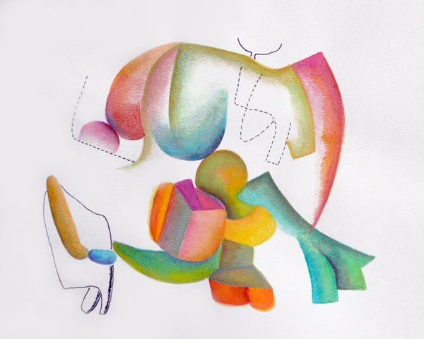 Abstract watercolor and pen painting on white paper featuring organic shapes in pink, green, blue, yellow, orange, and purple, with a small outlined figure at lower left.