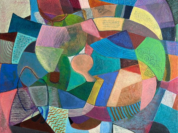 A colorful abstract geometric painting with overlapping shapes and textured brushstrokes in blue, green, pink, purple, yellow, orange, and brown, filling the entire frame.