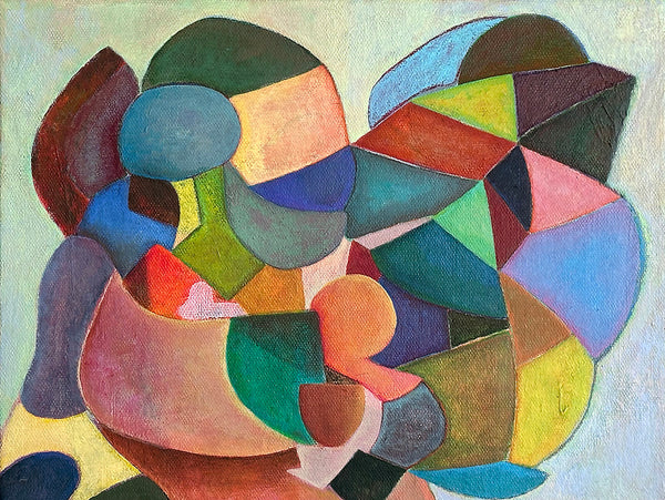 An abstract geometric painting featuring overlapping organic and polygonal shapes in multiple colors including blue, green, pink, yellow, orange, and purple on a pale blue background.