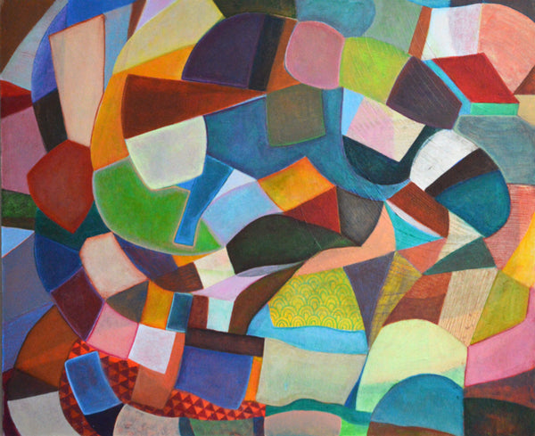 An abstract geometric painting filled with overlapping angular shapes in many colors including blue, green, pink, orange, yellow, red, brown, and white.