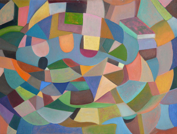 An abstract geometric painting featuring a complex mosaic of colorful polygonal shapes, including blues, greens, pinks, yellows, oranges, and purples, filling the entire frame.