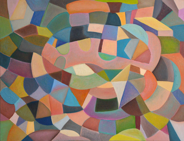 An abstract geometric painting composed of many irregular polygon shapes in pastel and saturated tones including pink, blue, green, yellow, orange, purple, gray, and brown.