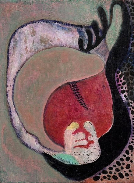 An abstract painting depicting a stylized, distorted human figure with a red, stitched mouth area, a pale gray curved form, black flowing lines, and a spotted black-and-white pattern on a muted green-gray background.