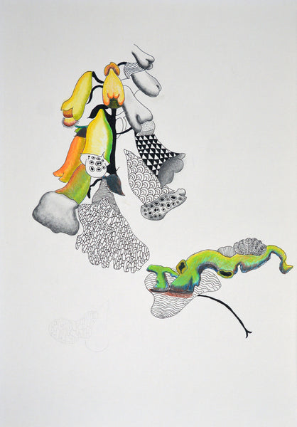 Metaphoric Offering 4, ink and color pencil on paper drawing by Cerulean Arts Collective Member Kyoko Miyabe.