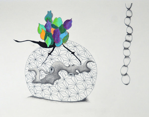 Metaphoric Offering 8, ink and color pencil on paper drawing by Cerulean Arts Collective Member Kyoko Miyabe. 