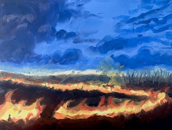 Controlled Burn, oil on panel painting by New York artist Kellyann Monaghan