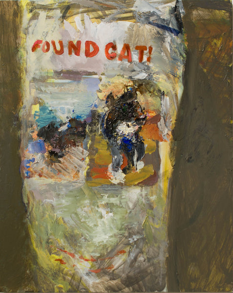 Abstract painting with poster of a cat and text 'FOUND CAT!' on a textured background