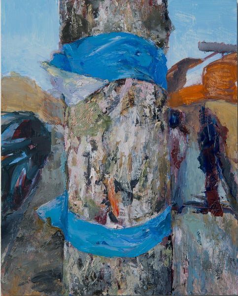 Abstract painting with two strips of blue tape on a pole with no poster between them