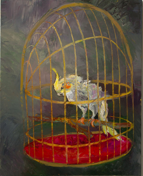 Painting of a bird in a gold cage with a red base on a dark background