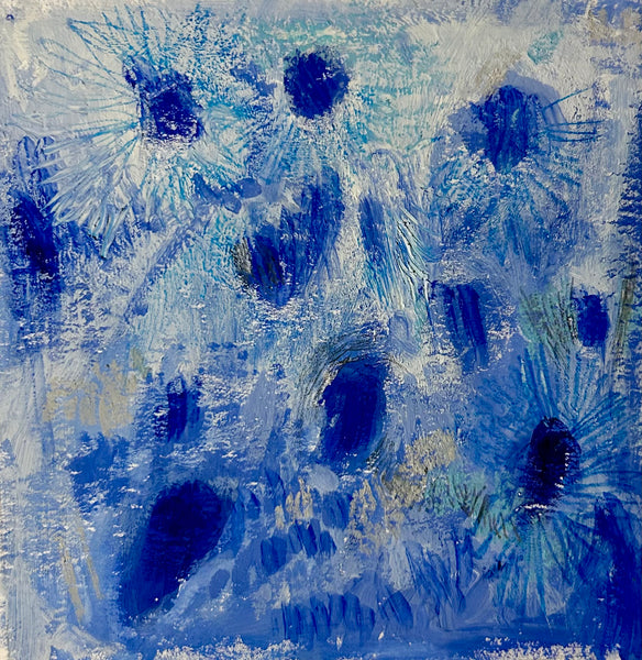 Blue Asters, gouache and acrylic on panel painting by Cerulean Arts Collective Member Amanda Moseley.