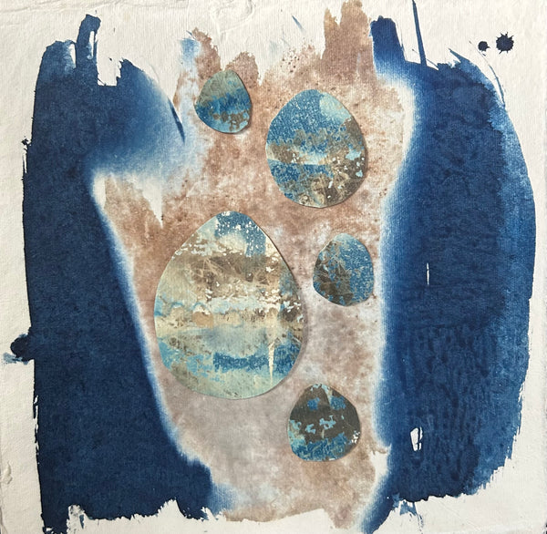 Abstract cyanotype print with Van Dyke Brown collage
