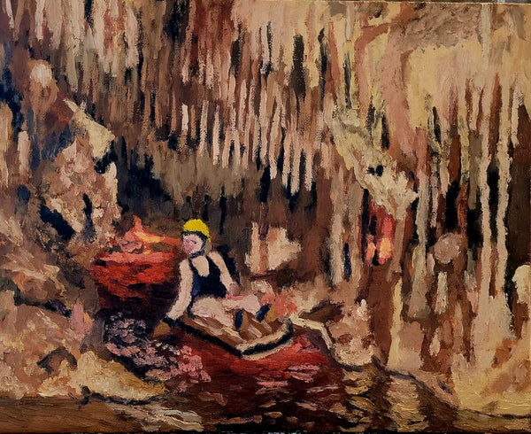 Artistic depiction of a person in a cave with stalactites and stalagmites.