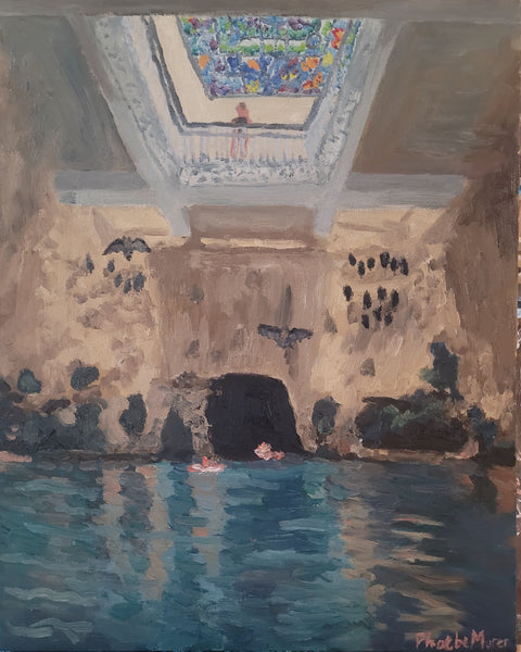 Artistic depiction of a pool with a cave-like structure and decorative ceiling.