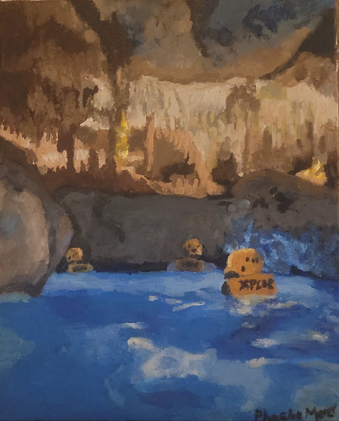Cave scene with a pool of water  painted in a stylized manner.