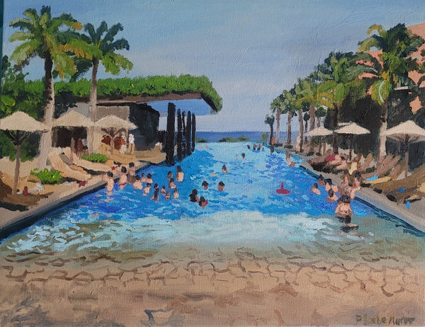 Painting of a pool scene with people, palm trees, and umbrellas.