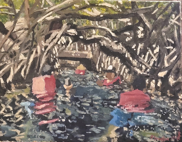 Artistic depiction of a scene with people in water under a mangrove.