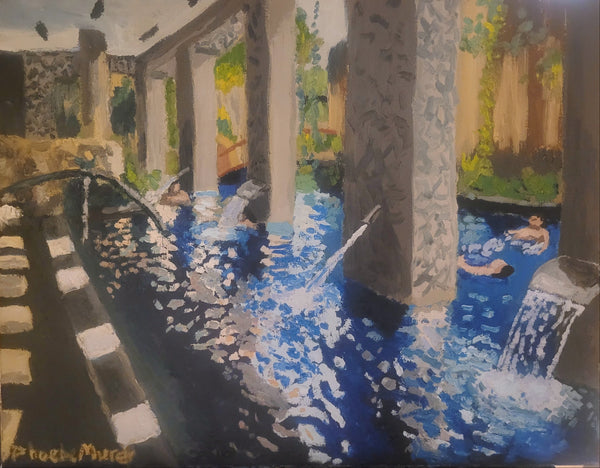 Artistic depiction of a pool with water effects and a scenic background.