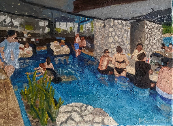 Artistic depiction of a pool party scene with people around a pool.