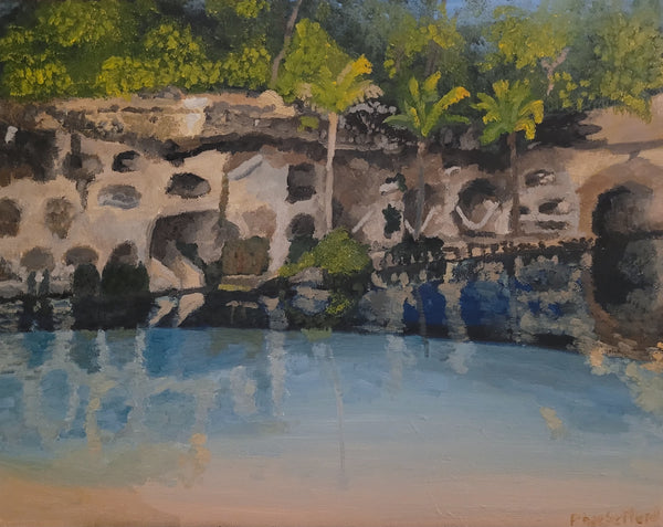 Artistic depiction of a stone wall with greenery and water reflection