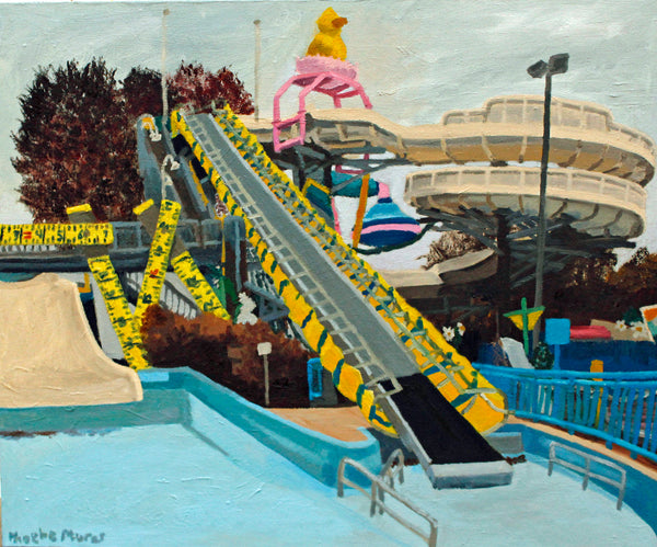 Sesame Place Waterslide in Winter, oil on canvas painting by Cerulean Arts Collective Member Phoebe Murer.
