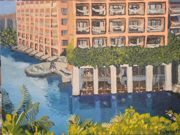 Painting of a waterfront hotel with boats and greenery
