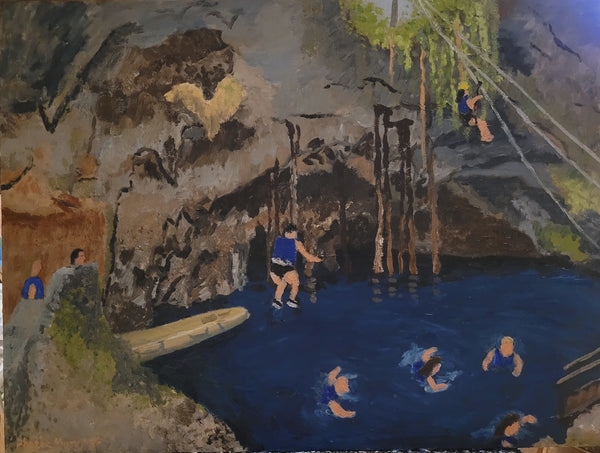 Artistic depiction of a pool with people and a rocky landscape