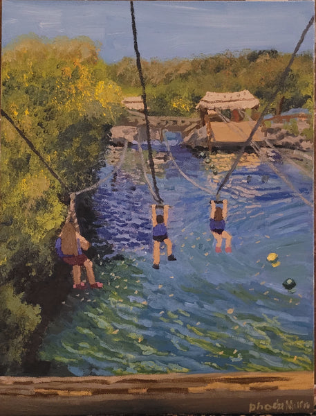 Artistic depiction of people ziplining over water with a dock and trees in the background.