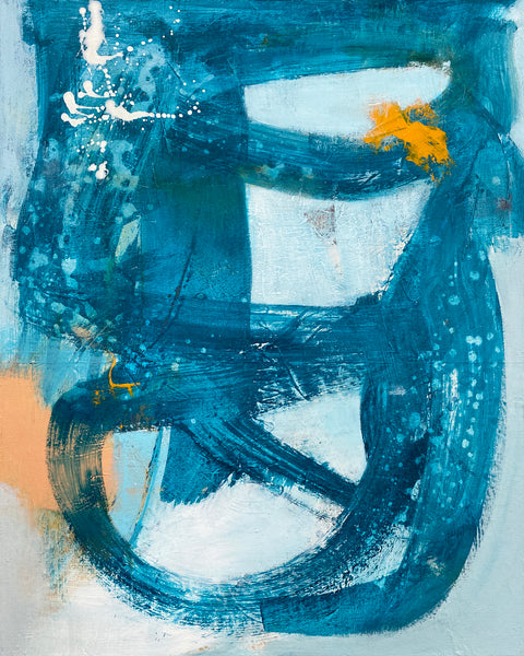 Abstract painting with blue, white, and gold colors on a textured background