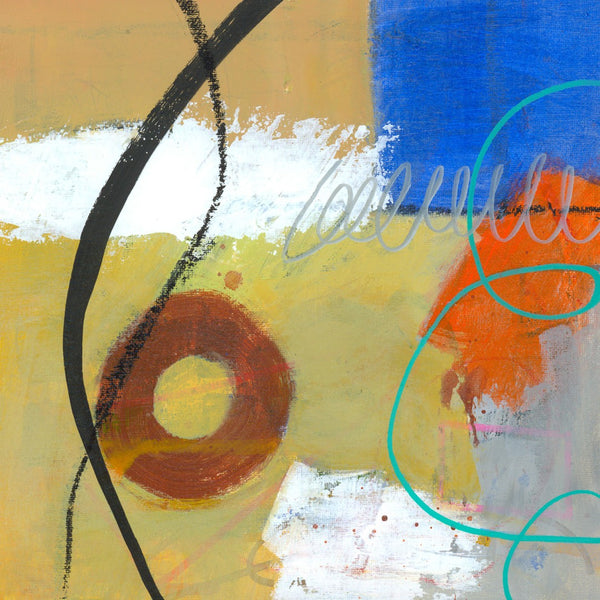 Abstract art with circular shapes and text overlay on a multicolored background