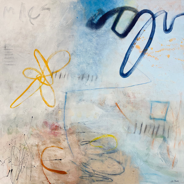 Abstract artwork with blue, yellow, and beige strokes on a textured surface