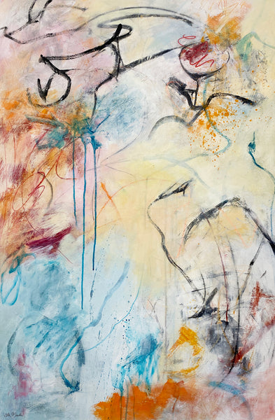 Abstract artwork with colorful brush strokes on a textured surface