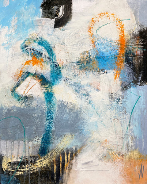 Abstract art with blue, orange, and white brush strokes on a textured background
