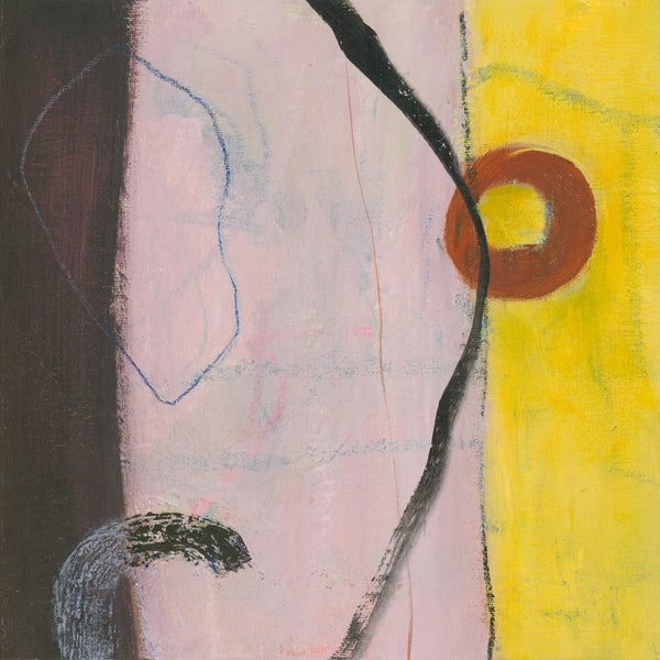 Abstract artwork with pink, yellow, and black colors