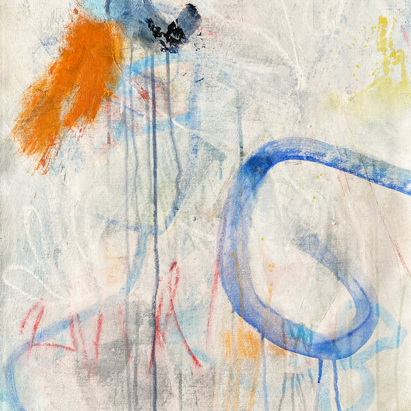 Abstract art with blue, orange, and red strokes on a textured white background