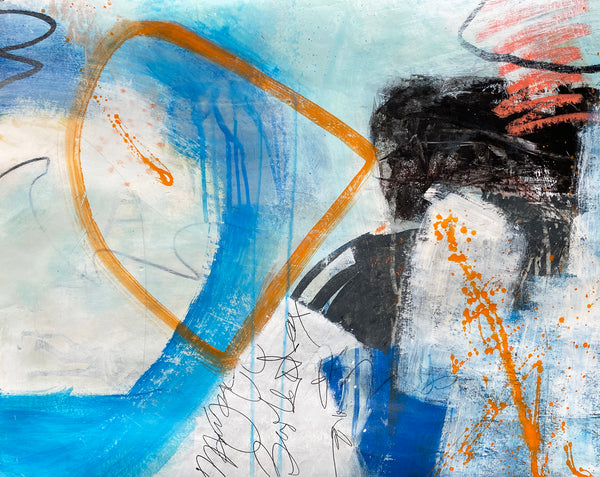 Abstract art with blue, orange, and black colors on a light background