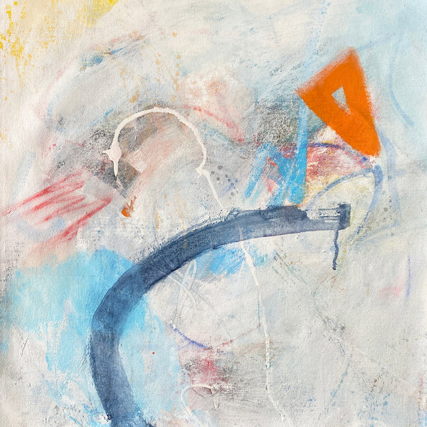 Abstract artwork with a blue curved line and colorful elements on a textured background