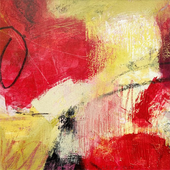 Red Enchantment, acrylic on paper abstract painting by Cerulean Arts Collective Member Lee Muslin.