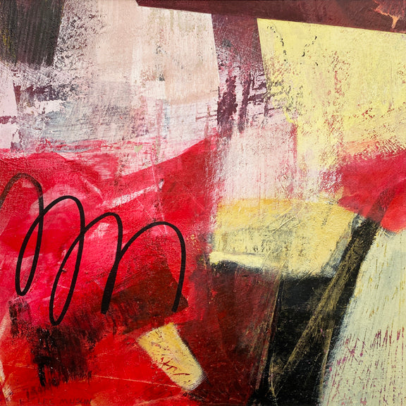 Red Exhilaration, acrylic on paper abstract painting by Cerulean Arts Collective Member Lee Muslin.