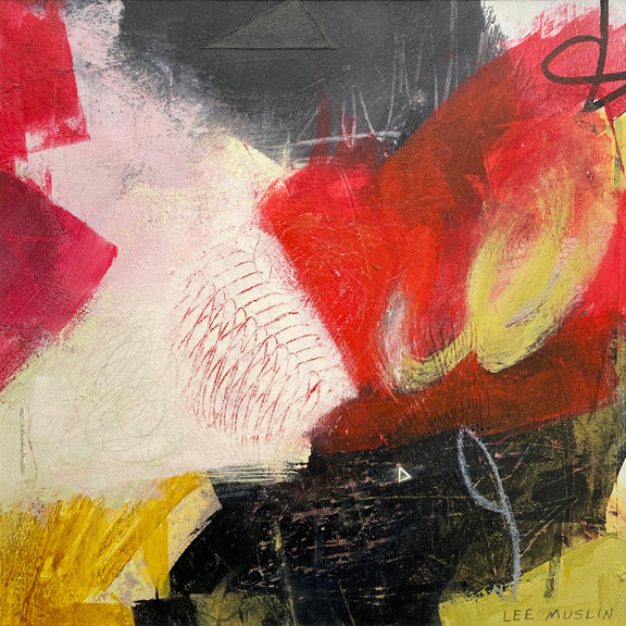 Red Exuberance, acrylic on paper abstract painting by Cerulean Arts Collective Member Lee Muslin