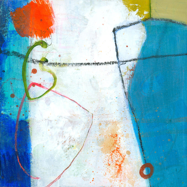 Abstract art with splashes of red, blue, green, and orange on a textured white background.