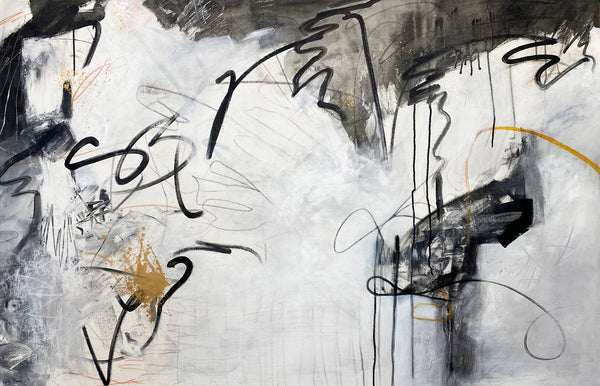 Abstract art with black, gold and white brush strokes on a gray background