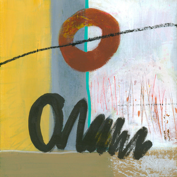 Abstract art piece with a brown circle, black text, and colorful background