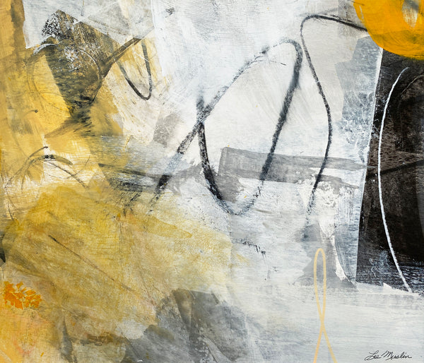 Abstract art piece with yellow, black, and gray colors on a white background