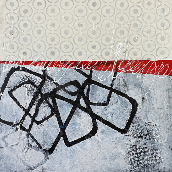 Abstract art with black shapes on a textured gray background