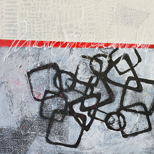 Abstract art piece with black shapes on a textured gray background