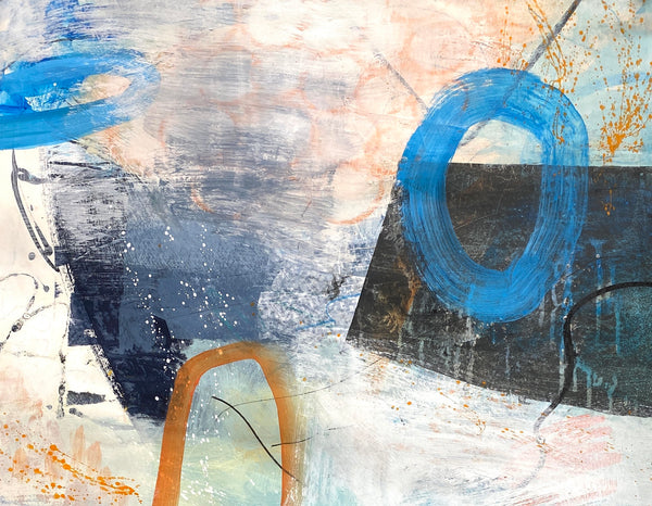 Abstract art with blue, black, and orange shapes on a textured background
