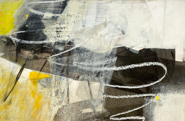 Abstract art piece with black, white, and yellow colors